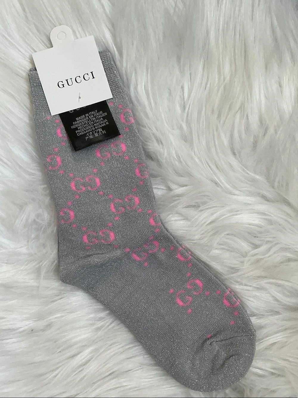 Designer GG Sparkling Glitter Gray and Pink Logo Socks